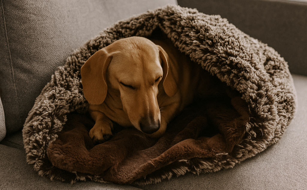 Dog wrapped in a sleeping bag on a couch in a cozy living room.